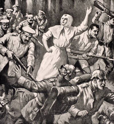 Rosyjska pielęgniarka Mira Miksailovich Ivanoff prowadząca ludzi przeciwko Niemcom, 1915, z „The War Illustrated Album deLuxe” wydanej w Londynie, 1916 autorstwa English School