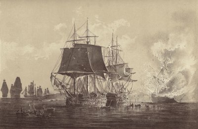 Rosyjski okręt Wsiewołod zniszczony w obecności rosyjskiej floty po akcji z HMS Implacable, dołączonym do szwedzkiej marynarki wojennej i dowodzonym przez kapitana Thomasa Byama Martina, na Bałtyku, 26 sierpnia 1808 r. (lit) autorstwa English School
