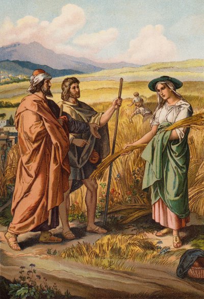 Ruth pyta Boaza, czy może zbierać kłosy na jego polu (chromolitho) autorstwa English School