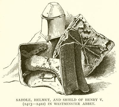 Siodło, hełm i tarcza Henryka V (1413--1422) w opactwie westminsterskim autorstwa English School