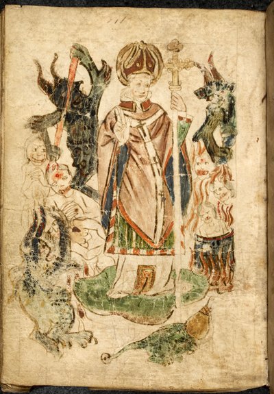 Św. Patryk w stroju biskupim, trzymający krucyfiks i czyniący gest błogosławieństwa, stoi na wyspie Lough Derg w Donegal (Irlandia), otoczony demonami i udręczonymi duszami. Zdjęcie zaczerpnięte z „Czyściec św. Patryka”, angielski rękopis, m autorstwa English School