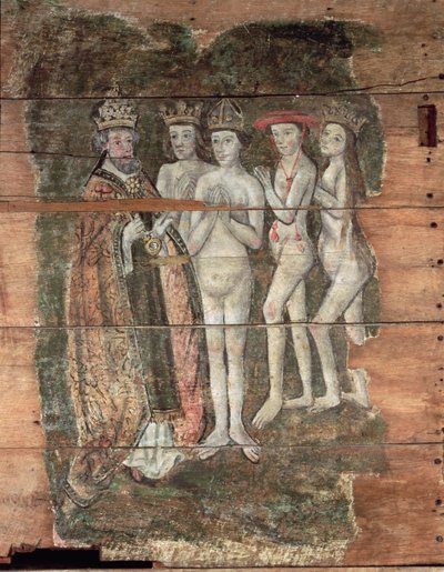 Święty Piotr otrzymujący szlachtę, z Wenhaston Doom, ok.1500-20 (drewno malowane) autorstwa English School