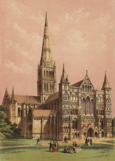 Katedra w Salisbury, Wiltshire (kolorowa litografia) autorstwa English School