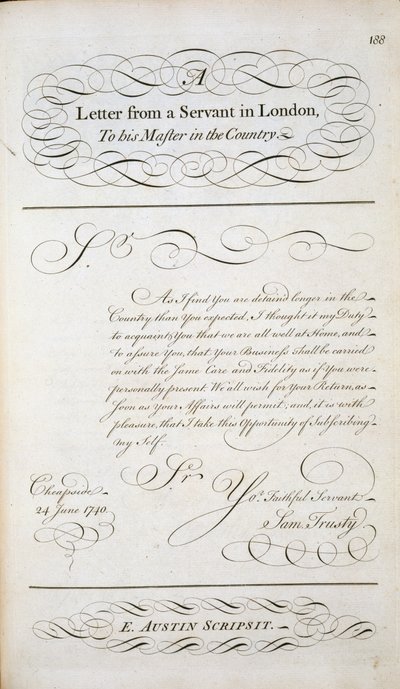 Przykładowy list z wzornika listów, ok. 1740 autorstwa English School