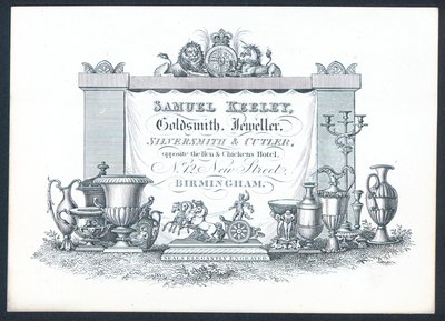 Samuel Keeley, złotnik, jubiler, złotnik i nożownik, karta handlowa autorstwa English School