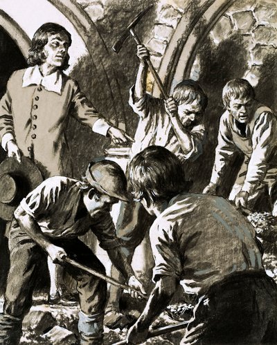 Samuel Pepys nagrał, jak próbował znaleźć skarbiec Barksteada (gwasz na papierze) autorstwa English School
