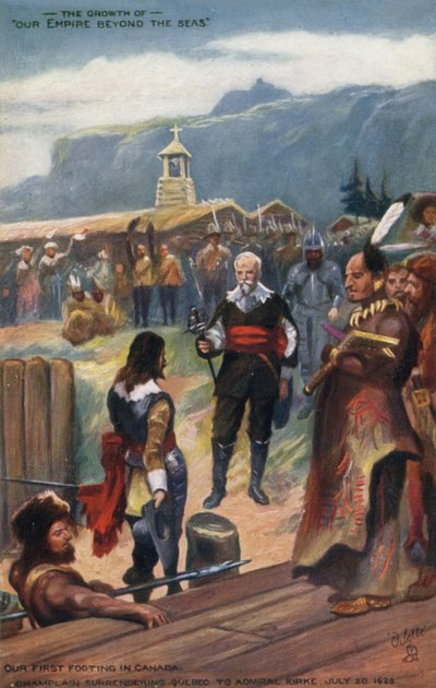 Samuel de Champlain poddający Quebec admirał Kirke, 20 lipca 1629 autorstwa English School