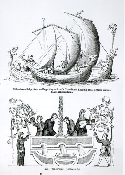 Saski statek, z ryciny w Strutts Chronicle of England and the Wine Press autorstwa English School