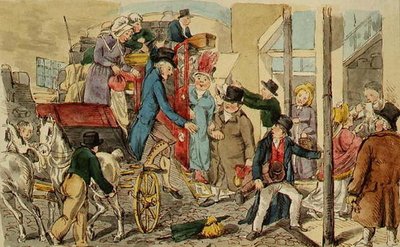 Scena na podwórku zajazdu, Przybycie autokaru, ok. 1820 (pióro i atrament oraz akwarela na papierze) autorstwa English School