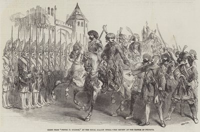 Scena z „Pietro il Grande”, w Royal Italian Opera, Przegląd w bitwie pod Pultawą (rycina) autorstwa English School