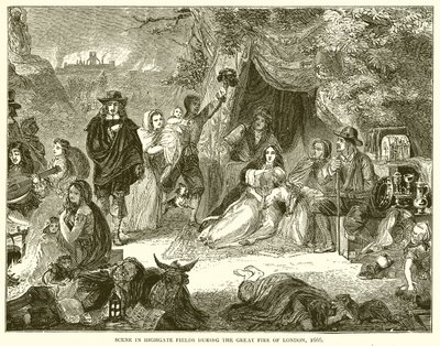 Scena w Highgate Fields podczas wielkiego pożaru Londynu, 1666 autorstwa English School