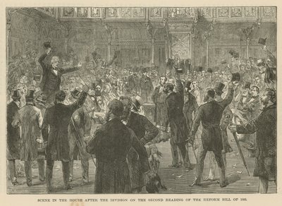Scena w Izbie Gmin po podziale w drugim czytaniu ustawy reformatorskiej z 1866 r. autorstwa English School