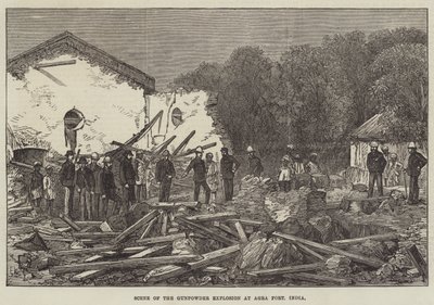 Scena wybuchu prochu strzelniczego w Forcie Agra w Indiach (rycina) autorstwa English School
