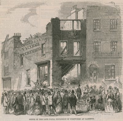 Scena późnej śmiertelnej eksplozji fajerwerków w Lambeth autorstwa English School