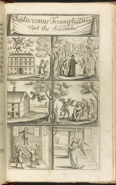 Sceny lewitacji i czynności związane z czarownicami i demonami z „Saducismus Triumphatus” autorstwa English School