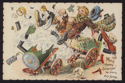 Szkot jadący na wybuchającym silniku parowym (chromolitho) autorstwa English School