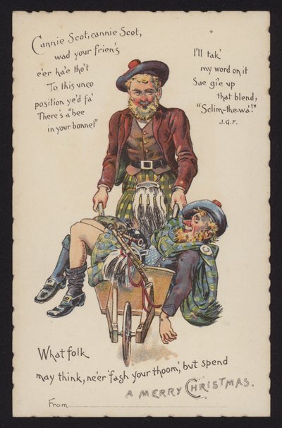 Szkot zabiera swojego pijanego przyjaciela do domu taczką (chromolitho) autorstwa English School