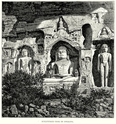 Rzeźbiona jaskinia w Gwalior (rycina) autorstwa English School