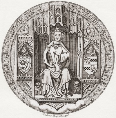 Pieczęć Roberta Stewarta, księcia Albany, ok. 1340 1420. Członek szkockiego domu królewskiego, regent, gubernator Szkocji, Książę Albany, hrabia Fife i Menteith. Z Iconographia Scotica lub Portraits of Illustrious Persons of Scotland, opublikowane 1797. autorstwa English School