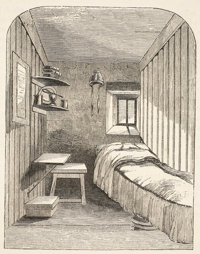 Oddzielna sypialna cela w jednym z nowych skrzydeł więźniarek dla kobiet w Brixton, ilustracja z The Criminal Prisons of London i Scenes from Prison Life autorstwa Henry