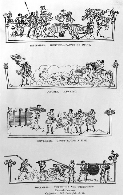 wrzesień, październik, listopad i grudzień, z „Kalendarza Juliusza i hymna”, ilustracja z „Historii ludu angielskiego” autorstwa English School
