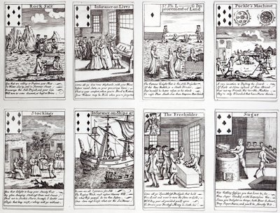 Zestaw kart do gry przedstawiający satyryczne sceny z bieżących przedsięwzięć komercyjnych i inwestycji, ok. 1720 autorstwa English School