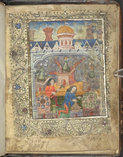 Siedem pieców z destylatorami, obsługiwanych przez dwóch mężczyzn, pod dachem z kopułą i kominami, z „Ordinal of Alchemy” (welum) autorstwa English School