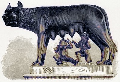 Wilczyca Kapitolu, ilustracja z Historii Rzymu autorstwa Victora Duruy, opublikowana w 1884 r. (obraz ulepszony cyfrowo) autorstwa English School