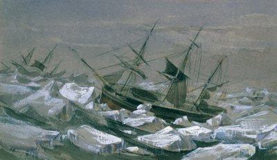 Wysyłka Jamesa Clarka Rossa ze statkami „Erebus” i „Terror” w poszukiwaniu południowego bieguna magnetycznego (olej na płótnie) autorstwa English School