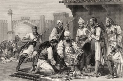 wojska sikhijskie dzielące łup zabrany buntownikom, z „Historii indyjskiego buntu” opublikowanej w 1858 r. autorstwa English School