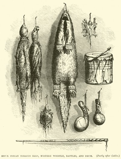 Sioux Indian Tobacco Bags, tajemniczy gwizdek, grzechotki i bęben autorstwa English School