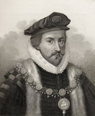 Sir Christopher Hatton, sztychowany przez Bocqueta, ilustracja z „Katalogu autorów królewskich i szlacheckich, tom II”, wydanego w 1806 r. autorstwa English School