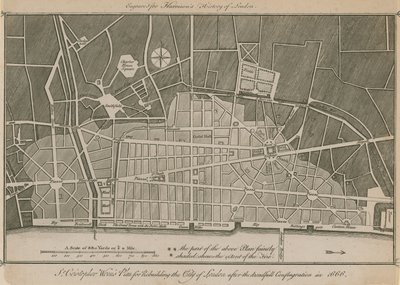 Plan Sir Christophera Wrensa dotyczący odbudowy City of London po strasznej pożodze w 1666 r. autorstwa English School