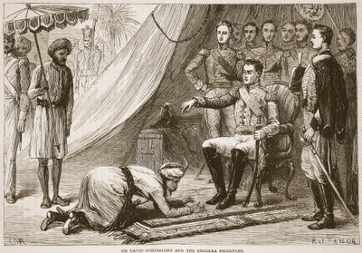 Sir David Ochterlony i posłaniec Ghurka, ilustracja z Ilustrowanej Historii Indii Cassella autorstwa Jamesa Granta, wyd. 1879 autorstwa English School