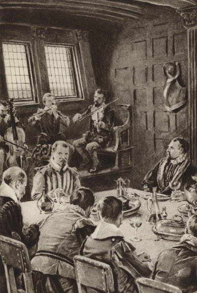Sir Francis Drake jedzący The Golden Hind przy dźwiękach skrzypiec autorstwa English School
