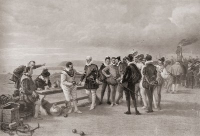 Sir Francis Drake grający w kręgle z hiszpańską Armadą w zasięgu wzroku w Plymouth Hoe w Anglii w 1588 roku. autorstwa English School