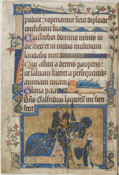 Sir Geoffrey Luttrell na koniu z „Psałterza Luttrell”, c.1325-35 (welum) autorstwa English School