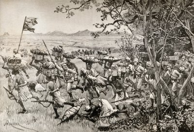 Sir Henry Morton Stanley i jego ludzie w końcu wyszli z lasu na łąkę w 1887 roku, podczas wyprawy ratunkowej Emina Paszy w Afryce. autorstwa English School