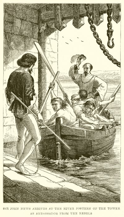 Sir John News przybywa do River Postern jako ambasador Rebeliantów autorstwa English School