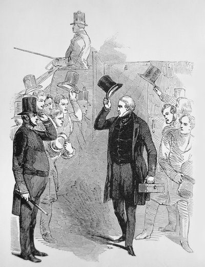 Sir Robert Peel przybywający do Izby Gmin, pozdrawiany przez „Peelera” (grawerowanie) autorstwa English School