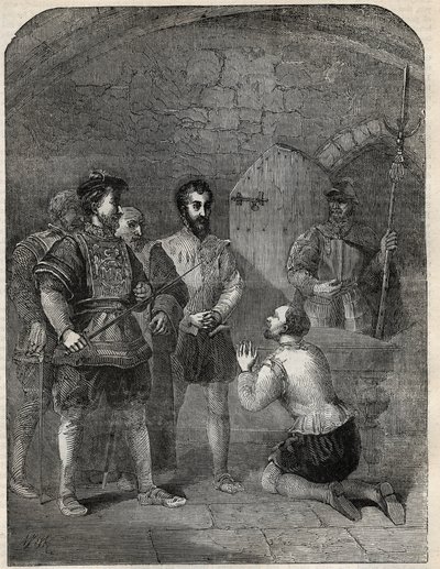Sir Thomas Wyatt The Younger (1521-1554) w drodze na egzekucję, uroczyście uniewinniający księżniczkę Elżbietę i Courtenay z udziału w jego buncie - 1554 - rycina z „Historii Anglii” autorstwa Cassella Pettera i Galpina autorstwa English School