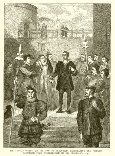 Sir Thomas Wyatt, w drodze na egzekucję, uniewinniający księżniczkę Elżbietę z udziału w swoim buncie, 1554 autorstwa English School