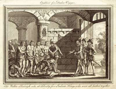 Sir Walter Raleigh uwalnia pięciu indyjskich królów, którzy byli ze sobą połączeni (rycina) autorstwa English School