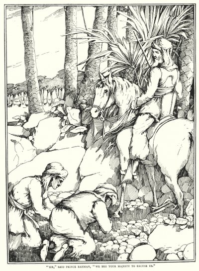"Panie", powiedział książę Bahman, "błagamy waszą wysokość o wybaczenie" (rycina). autorstwa English School