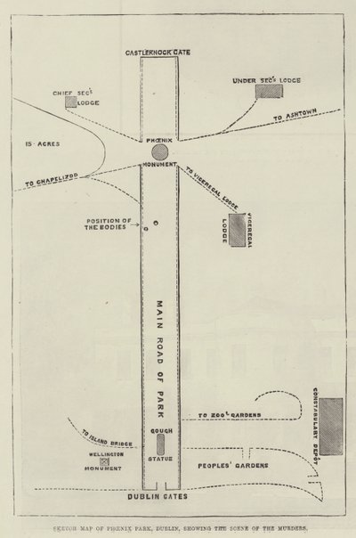 Szkicowa mapa Phoenix Park, Dublin, przedstawiająca scenę mordów (rycina) autorstwa English School