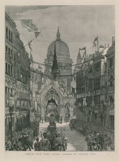 Szkic z Fleet Street, patrząc w górę Ludgate Hill autorstwa English School