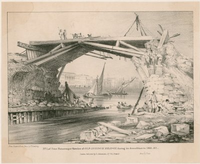 Szkic mostu Old London Bridge podczas jego rozbiórki w 1831, 1832 autorstwa English School