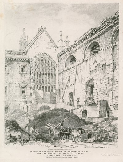 Szkic południowego okna Westminster Hall z ruinami Izby Lordów autorstwa English School
