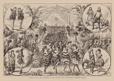 Szkice z pantomimy w Theatre Royal w Manchesterze, Robinson Crusoe (rycina) autorstwa English School
