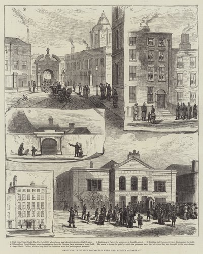 Szkice w Dublinie związane ze spiskiem morderstwa (rycina) autorstwa English School